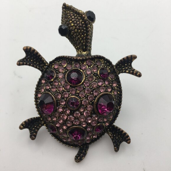 VTG Sea Turtle Ring Stretch Band Pink Purple Rhinestones Gold Tone Metal 2.5" - Picture 2 of 13